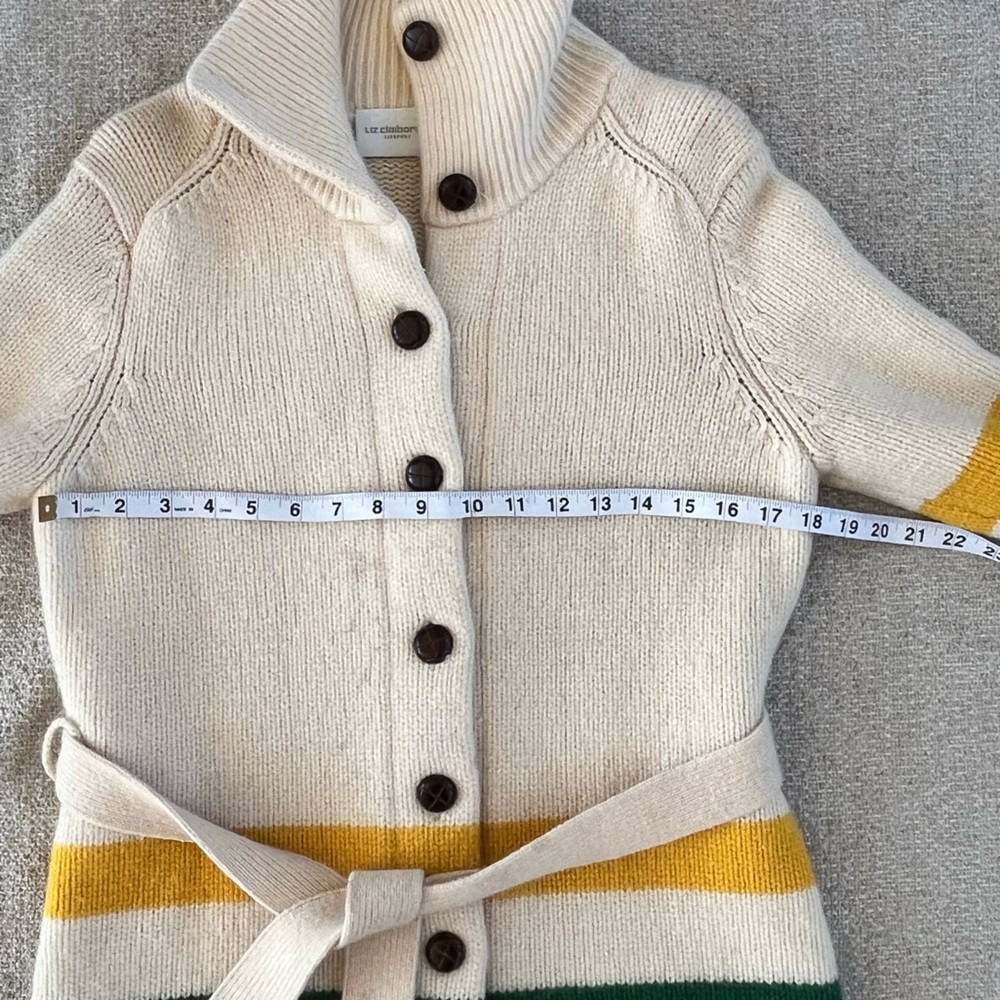 Liz Claiborne Vtg lambs wool blend tie waist sweater, Hudson Bay stripe design - Picture 8 of 16